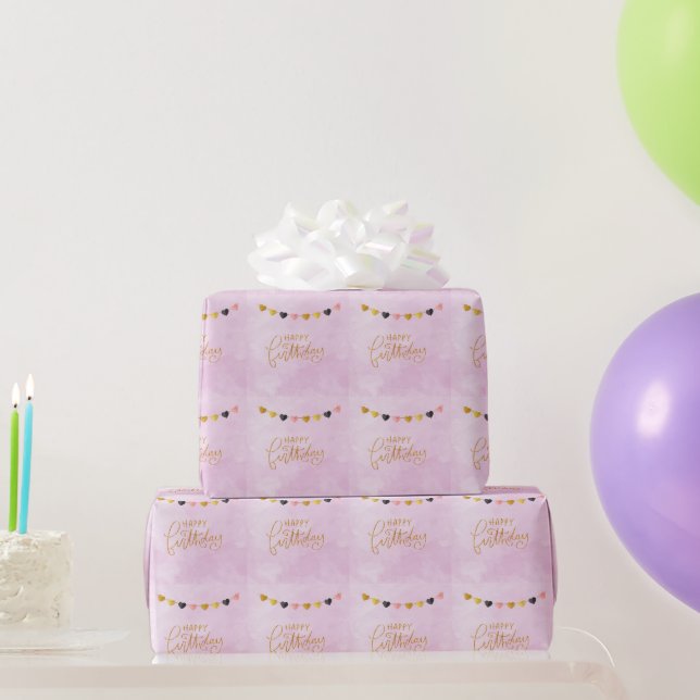 Papel De Regalo Feliz Cumpleaños para Ella Cadena de Corazones (Regalos de fiesta)
