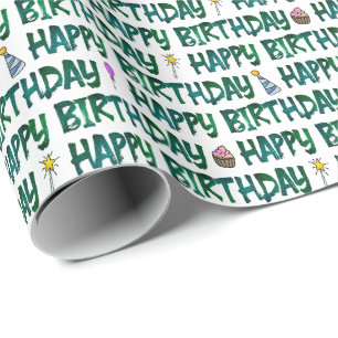 Papel De Regalo Feliz Cumpleaños Patrón de Texto Verde Oscuro