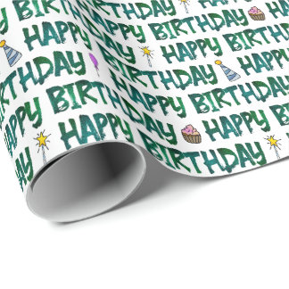 Papel De Regalo Feliz Cumpleaños Patrón de Texto Verde Oscuro