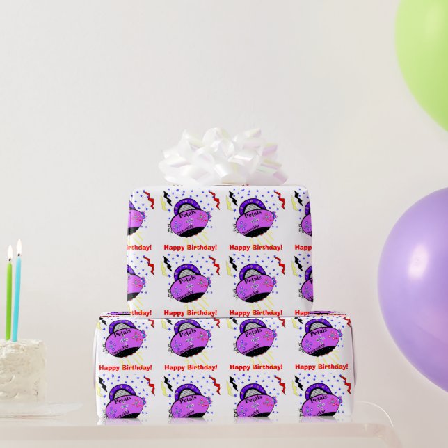 Papel De Regalo Feliz Cumpleaños Pink Purple Petals Spaceship (Regalos de fiesta)