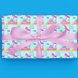 Papel De Regalo Feliz Cumpleaños Sirena Con Tortuga Marina Y Torta