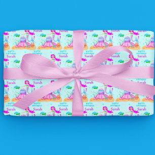 Papel De Regalo Feliz Cumpleaños Sirena Con Tortuga Marina Y Torta