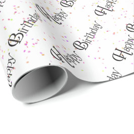 Papel De Regalo Feliz cumpleaños, texto con confeti en blanco