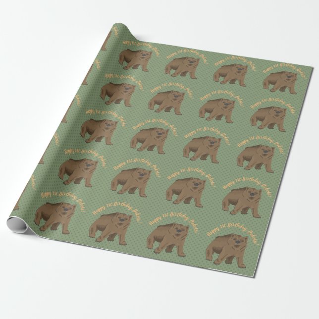 Papel De Regalo Feliz cumpleaños Woodland Brown Bear Cub (Desenrollado)