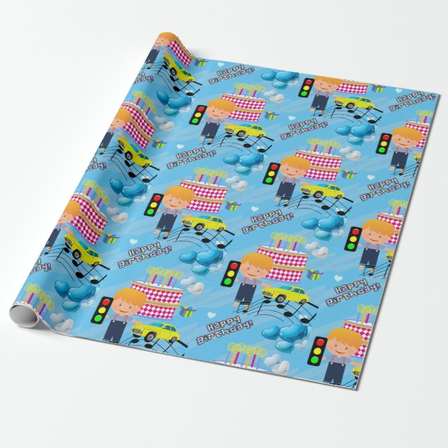 Papel De Regalo Feliz cumpleaños Wraping Paper Boy Car (Desenrollado)