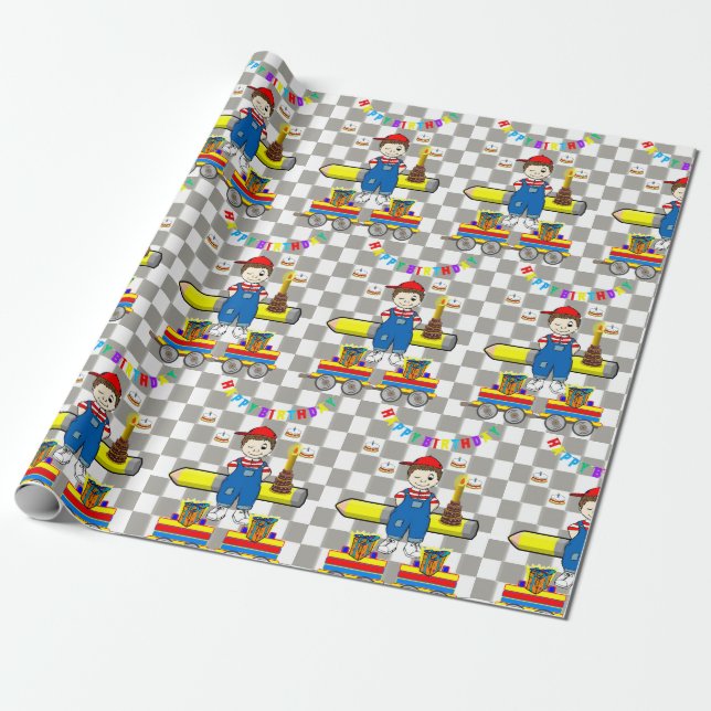 Papel De Regalo Feliz cumpleaños Wrapping Paper Boy entrena pastel (Desenrollado)