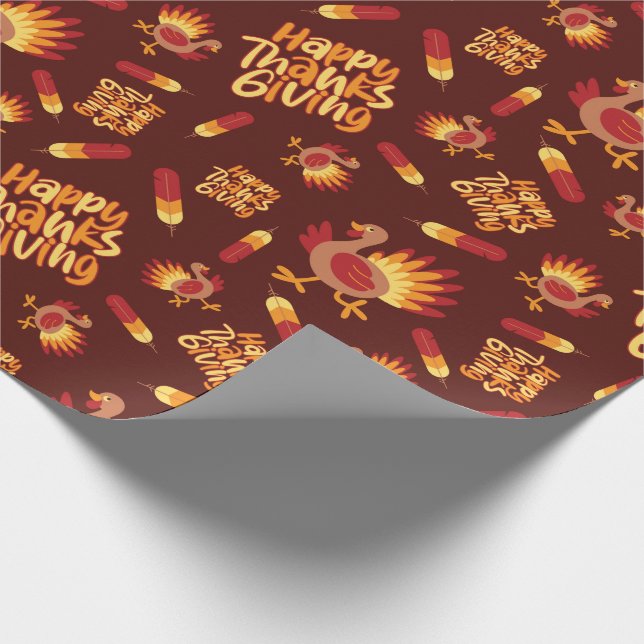 Papel De Regalo Feliz Día de Acción de Gracias Turquía y pluma cae (Esquina)