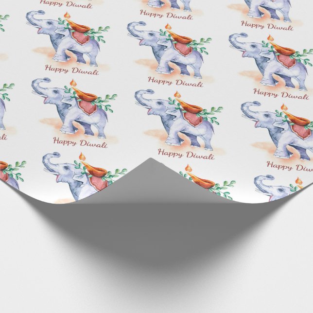 Papel De Regalo Feliz Diwali con diya y elefante (Esquina)