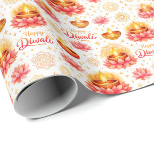 Papel De Regalo Feliz Diwali — Diya y Loto en Acuarela