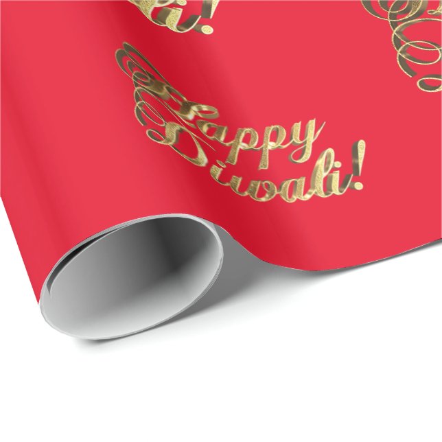Papel De Regalo Feliz Diwali Elegante Faux Gold Typography Red (Esquina del rollo)