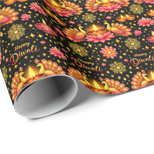 Papel de regalo Feliz Diwali — Loto, Diya y Pavo R
