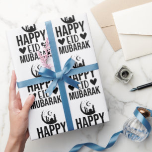 Papel De Regalo Feliz Eid Mubarak Crescent Mezquita Blanco Negro