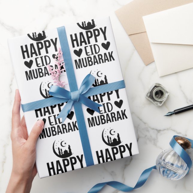 Papel De Regalo Feliz Eid Mubarak Crescent Mezquita Blanco Negro (Regalar)