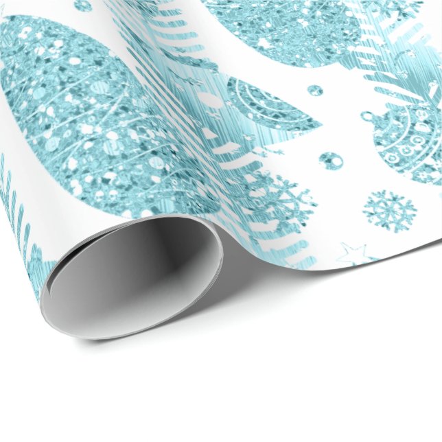 Papel De Regalo Feliz feriado Aqua White Purpurina Árbol de Navida (Esquina del rollo)