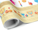 Papel De Regalo Feliz Fiesta Hanukkah Decoración Hermosa<br><div class="desc">Feliz Fiesta Hanukkah Hermosa decoración, festividades judías, tazas de café y Copa. Fondo judío de Hanukkah con símbolos tradicionales de Chanukah - dreidels de madera (hilatura superior), donuts, menorah de oro, velas, estrella de David y patrones de papel pintado de luces brillantes. Decoración del Festival Hanukkah. Jerusalén, Israel. Artesanías y...</div>