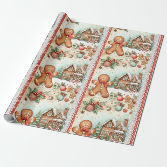 Papel De Regalo Feliz Gingerbread Man Gingerbread House (Desenrollado)