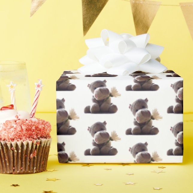 Papel De Regalo Feliz Gris Hippo sosteniendo margarita, linda foto (Fiesta de cumpleaños )