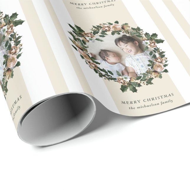 Papel De Regalo Feliz guerra de Navidad con franjas y foto (Esquina del rollo)