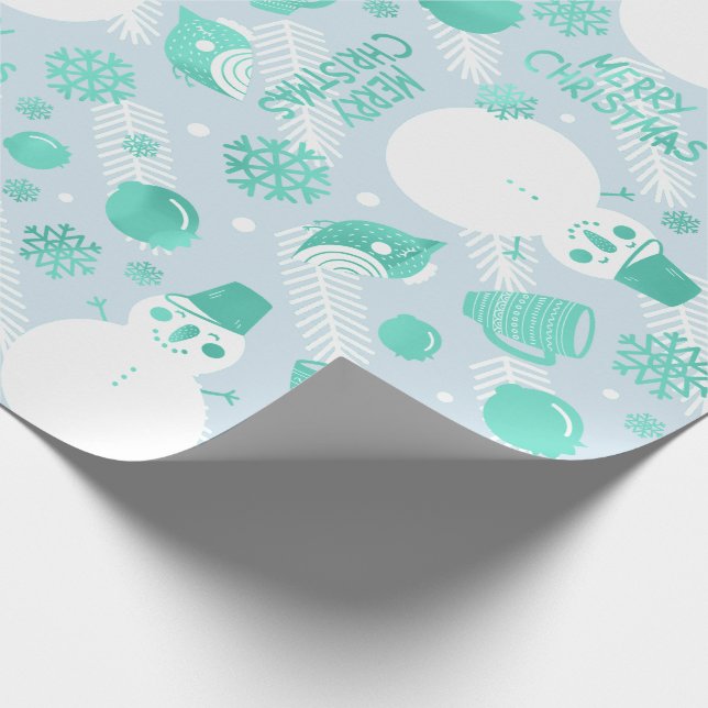 Papel De Regalo Feliz guión de navidad Snowman White Mint Blue (Esquina)