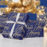 Papel De Regalo Feliz guión elegante moderno de la marina de Hanuk<br><div class="desc">Feliz Hanukkah faux gold y azul marino moderno y elegante patrón de escritura regalo Wrapping Paper. Patrón de tipografía de escritura de oro falso sobre fondo azul marino.</div>