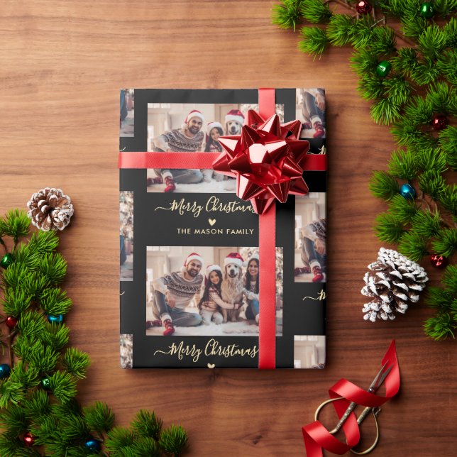 Papel De Regalo Feliz guión navideño Collage de fotos de oro negro (Regalo de vacaciones)