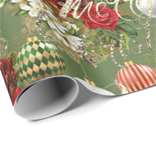 Papel De Regalo Feliz guión navideño Rosa oro clásico verde rojo