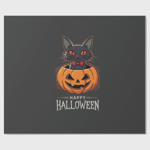 Papel De Regalo Feliz Halloween Gato Negro Diseño de Calabaza_1