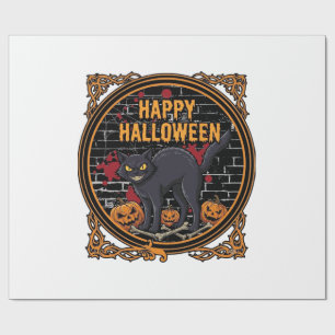 Papel De Regalo Feliz Halloween Gatos Negros Calabazas Huesos_1