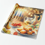 Papel De Regalo Feliz Hanukkah<br><div class="desc">Ilustracion acuático Hanukkah. Una mesa muy bien arreglada para una celebración festiva,  con una menorah tradicional con velas encendidas. La luz es suave y cálida,  mientras que la decoración de las vacaciones aporta un toque de alegría. Las luces cálidas crean un ambiente acogedor y acogedor.</div>
