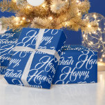 Papel De Regalo Feliz Hanukkah azul blanco judío escritura elegant<br><div class="desc">Feliz Hanukkah azul y blanco Festividad judía elegante regalo de guión Papel envuelto. Patrón de texto de guión blanco sobre color de fondo azul.</div>
