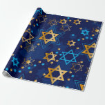 Papel De Regalo Feliz Hanukkah Estrella Azul de David Menorah<br><div class="desc">Hanukkah feliz,  estrella de David,  Menorah,  papel de envoltura de patrón azul.</div>