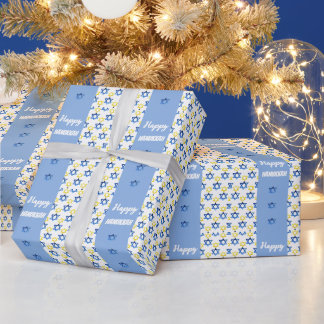 Papel De Regalo Feliz Hanukkah Estrellas de David acuarela