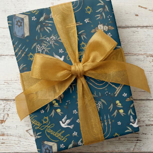 Papel De Regalo Feliz Hanukkah judío Menorá y ramas de olivo