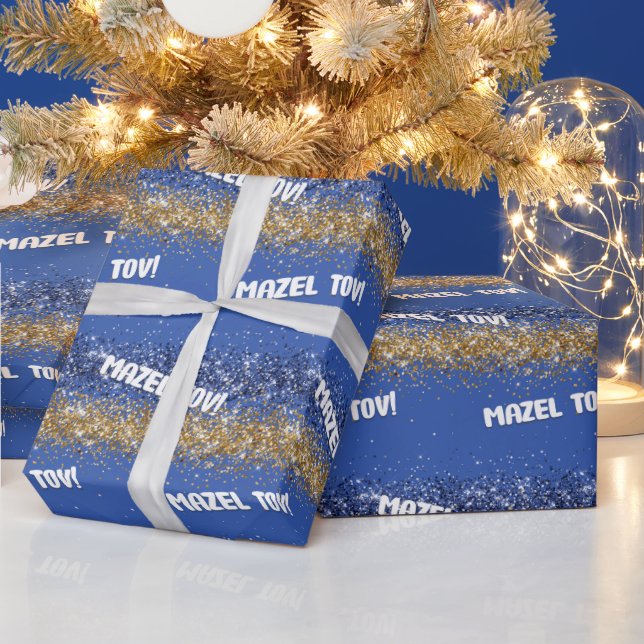 Papel De Regalo Feliz Hanukkah Mazel Tov Blue Gold Sparkle (Vacaciones)