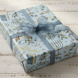 Papel De Regalo Feliz Hanukkah Menorá Judía y Ramas de Olivo