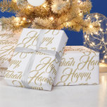 Papel De Regalo Feliz Hanukkah oro blanco moderno y elegante guión<br><div class="desc">Feliz Hanukkah falso oro y blanco moderno y elegante patrón de escritura regalo Papel de ajuste. Patrón de tipografía de escritura de oro falso en color de fondo blanco.</div>