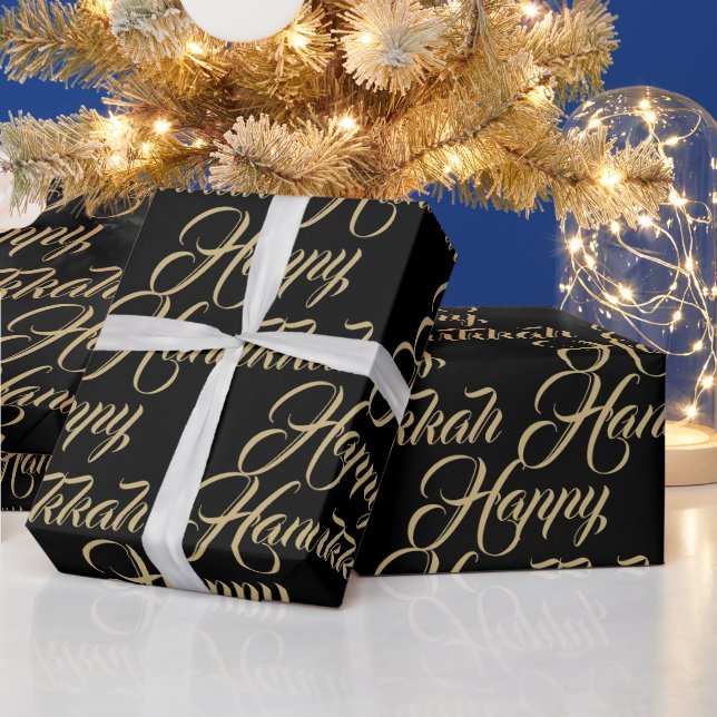 Papel De Regalo Feliz Hanukkah oro negro, escritura elegante moder (Vacaciones)