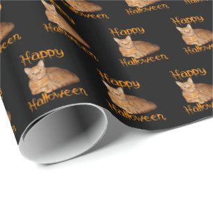 Papel De Regalo Feliz Naranja de Halloween sin miedo Tabby Cat