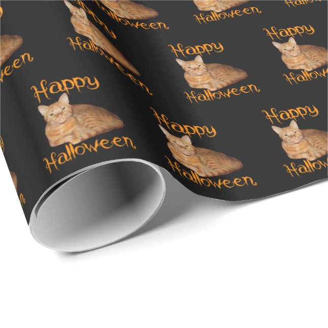 Papel De Regalo Feliz Naranja de Halloween sin miedo Tabby Cat (Esquina del rollo)