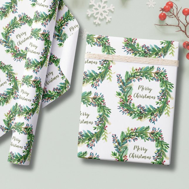Papel De Regalo Feliz Navidad (Christmas Holiday Wreath Wrapping Paper with Merry Christmas text. greenery botanical eucalyptus)
