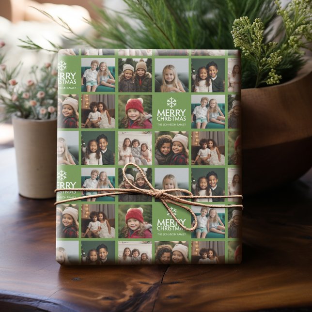 Papel De Regalo Feliz Navidad 8 Collage de fotos Aguacate Green (Personalized Photo Wrapping Paper)