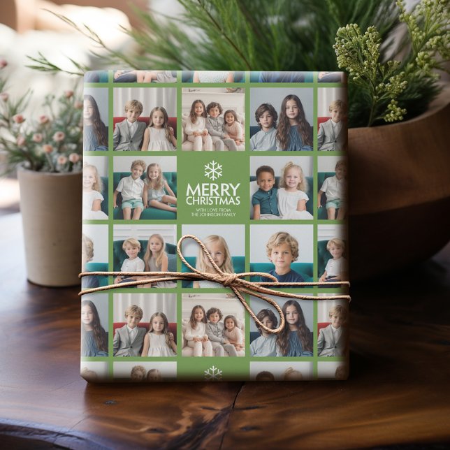 Papel De Regalo Feliz Navidad 8 Collage de fotos - familia de copo (Personalized Photo Wrapping Paper)
