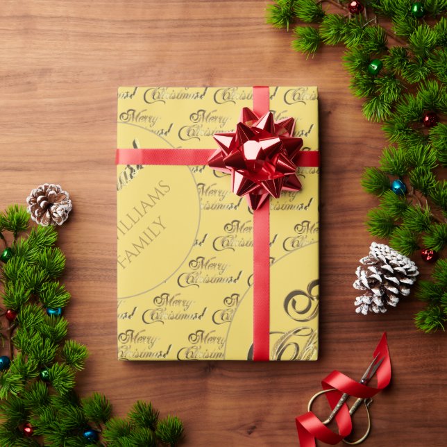 Papel De Regalo Feliz Navidad amarillo elegante Faux Gold Script (Regalo de vacaciones)
