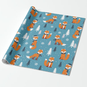 Papel De Regalo Feliz Navidad Árbol de flores Nieve Fox Azul blanc