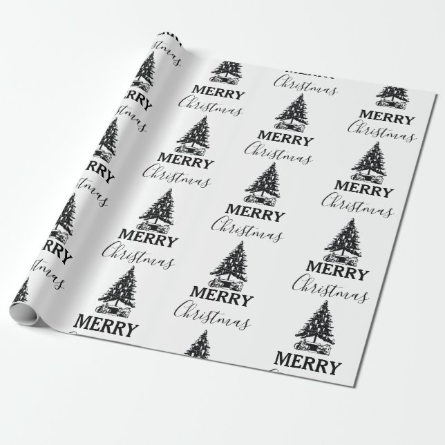 Papel De Regalo Feliz Navidad Árbol de Navidad Blanco y Negro (Desenrollado)