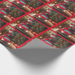 Papel De Regalo Feliz Navidad árbol rojo coche trayendo regalos