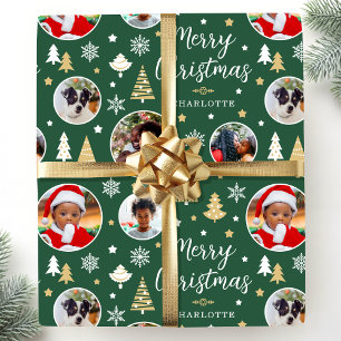 Papel De Regalo Feliz Navidad Árboles festivos Foto nombre verde