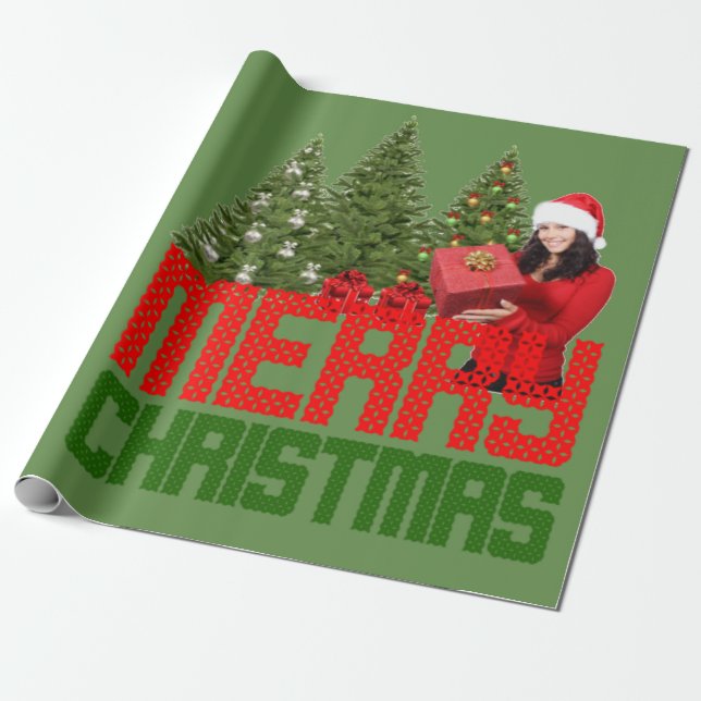 Papel De Regalo Feliz Navidad Árboles verde regalo rojo envuelto e (Desenrollado)