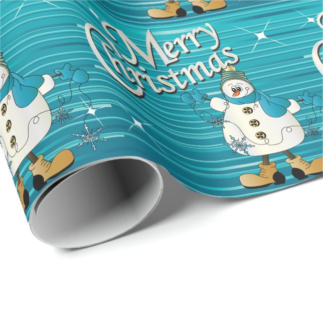 Papel De Regalo Feliz Navidad Azul Snowman (Esquina del rollo)