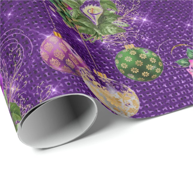 Papel De Regalo Feliz Navidad Baubles Rosa Oro Púrpura Rosa (Esquina del rollo)